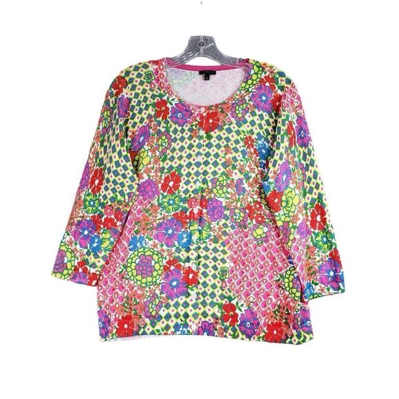 Talbots Cardigan Sweater Womens Size Large LP Pink Floral Button Up Cotton Knit - Picture 2 of 8